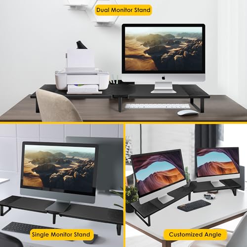Across-Star Dual-Monitor Stand for Desk - Large Adjustable Length and Angle Riser for 2 Monitors, Double Computer Desktop Organizer, Shelf for TV, Laptop, Printer - color: Black, size: 30.3-40.5‘’L*9.45‘’D*4.9‘’H
