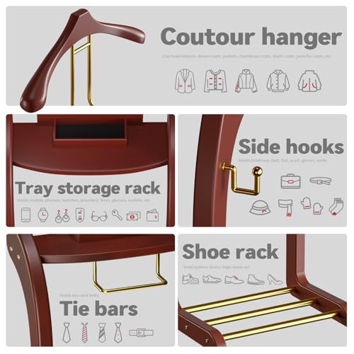 Suit Valet Stand for Men, Wood Mens Valet Stand with Base, Contour Hanger, Tray, Trouser Bar and Tie Bar, Clothes Valet Stand for Bedroom Entryway Home Living Room Office (Reddish brown) - color: Reddish brown