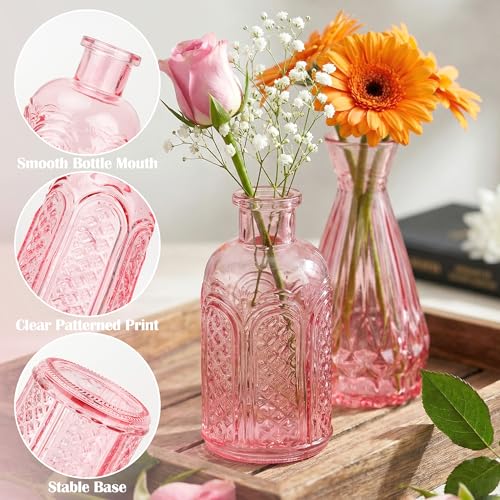 Glass Bud Vases in Bulk Set of 17, Pink Small Mini Vases for Flowers, Vintage Vase for Centepiece,Wedding, Table Decor, Baby Shower, Christmas, Home and Events - color: Pink