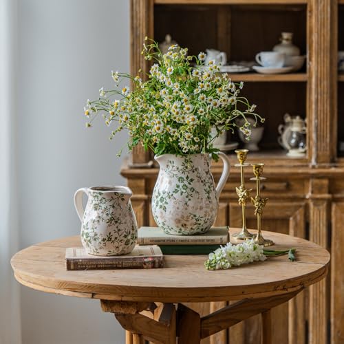 Ceramic Green and White Floral Vase with Handle, Rustic Farmhouse Pitcher Flower Vase, Chinoiserie Floral Vase for Home Decor, Living Room, Shelf, Office, Rustic Table Centerpiece 8 Inch - color: Green and White, size: Large Pitcher