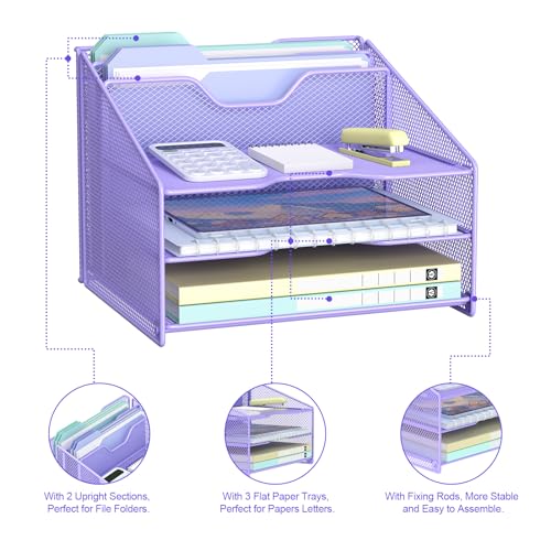 Samstar Purple Desk File Organizer, Mesh Letter File Folder Holder with 3 Paper Trays and 2 Vertical Upright Section, for Office Supplies, Desk Accessories & Workspace, Purple - color: 1 Pack Purple