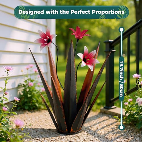 2 Pack Metal Agave Plant Sculptures, Outdoor Agave Plants, Tequila Rustic Sculpture, 16” Hand Painted Garden Decoration Yard Art Plant - color: Black 2pcs W/ Flower