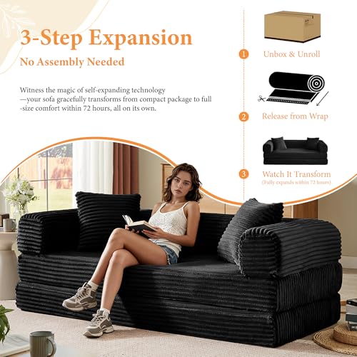 Boneless Couch Versatile Couches for Living Room No-Install Sofa Bed Corduroy Futon Soft Cloud Couch with Pillows for Bedroom Game Movie (Black, 76") - color: Black