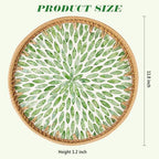 Round Rattan Serving Tray - Natural Handmade Woven Basket Trays with Mother of Pearl Inlay with Wooden Base Decorative Wicker Basket for Table Decor, Home Storage Display of Bread, Coffee, Fruit