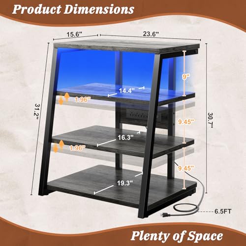 Armocity 4-Tier AV Media Stand with Power Strips, Stereo Stand with LED Lights, Rack Audio Tower with Adjustable Shelves, Small Entertainment Center, 30'', Grey Oak - color: Grey Oak, size: 30" (H)