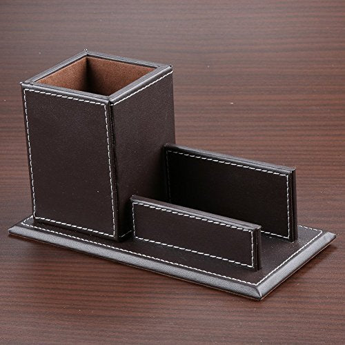 KINGFOM PU Leather Desk Organizer and Accessories, Pencil Holder for Desk with Business Cards Stand, School Office Supplies Collection Caddy Brown - color: Brown