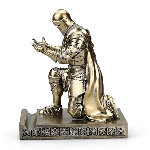 King's Guard Leader Cloak Warrior Knight Pen Holder Mobile Phone Stand, Ornament Knight Statue, Pen Stand Paperweight for Office and Home (Bronze) - color: Bronze