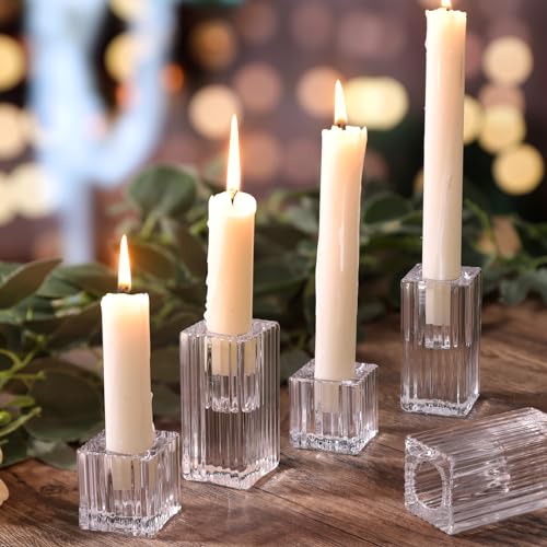 LETINE 12pcs Vertical Stripe Glass Candlestick Holders - Chic Taper Candle Sticks Holder Set for Elegant Dining & Home Decor - Ideal for Wedding Centerpieces, Parties, and Celebrations - color: Clear