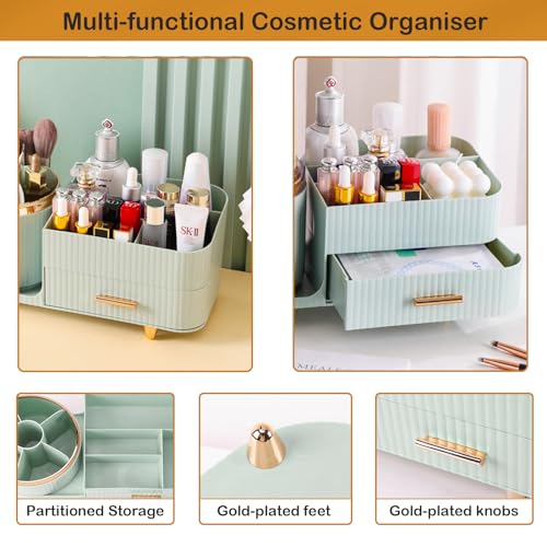 Rotating Makeup Organizer for Vanity with Brush Holder and Drawer, Cosmetic Makeup Storage, Large Spinning Makeup Skincare Organizer, Countertop Makeup Perfume Organizer, Lotions Display Case (Green) - color: With Drawer-Green