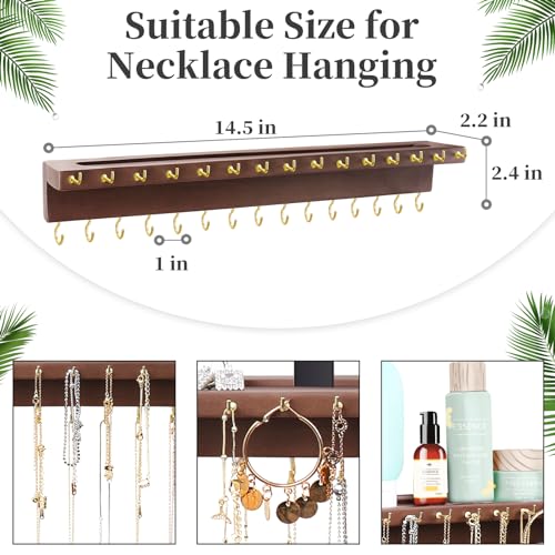 YYILIS Necklace Holder, Upgraded Extra Large Wall Necklace Organizer with 30 Hooks Wall Mounted Necklace Hanger with Jewelry Tray/Cosmetics Shelf Rustic Pine Wood Holder (Walnut) - color: Walnut