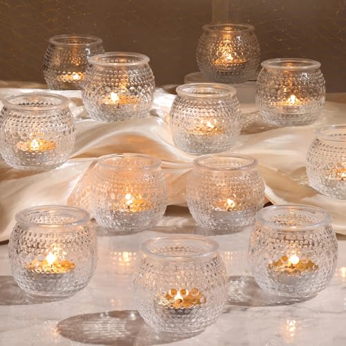 32 Pcs Clear Votive Candle Holders, Round Votive Candle Holders with Polka Dot Embossed for Table Centerpiece, Tealight Candle Holder for Weddings, Home Decor, Baby Shower, Special Occasions - color: Clear