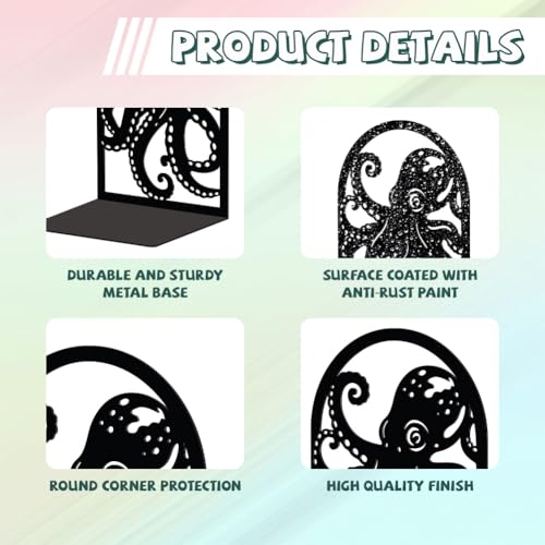 Peacoblue Metal Bookends for Shelves, Modern Decorative Heavy Duty Study Book Support Stoppers for Office, Desk, Shelf, Room 5.3"x4.3"x7.9" Cast Iron Simple Tall Bookends, 1 Pair (Octopus) - style: Octopus