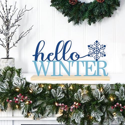 COCHIE Metal Hello Winter Sign, Snowflake Table Centerpieces Decorations for Home, Office, Shelf, Mantel, Indoor, Navy Blue Party Decor Supplies (Winter) - style: Winter