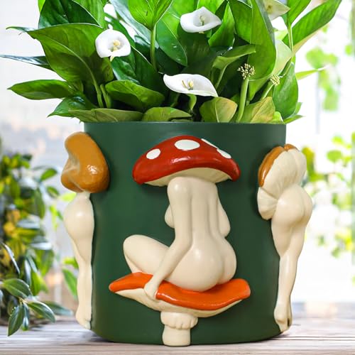 GUGUGO Mushroom Lady Body Plant Pots 8 Inch, Quirky Unique Cute Planters Boho Funky Eclectic Home Decor, Mushroom Butt Flower Pots, Indoor Planting Pot, Modern Aesthetic for Decorating, Dark Green - color: Dark Green, size: 8Inch