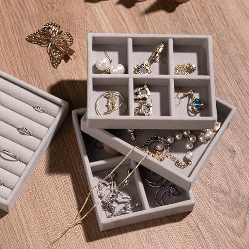 Frebeauty Small Jewelry Tray Set,Stackable Velvet Jewelry Organizer Tray,Mini Jewelry Drawer Organizer,Drawer Inserts,4.92 x 3.74 x 0.9 Inches,4 Grid Earring Organizer for Women(Set 2,White) - color: White, size: 4 Grids Set 2