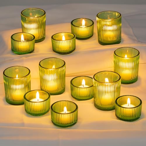 Glasseam Green Votive Candle Holder, Ribbed Small Glass Candle Holder Set of 24, Rustic Tea Light Holders Decorative Bulk, Assorted Vintage Tealight Candle Holder for Wedding Table Centerpieces - color: Green