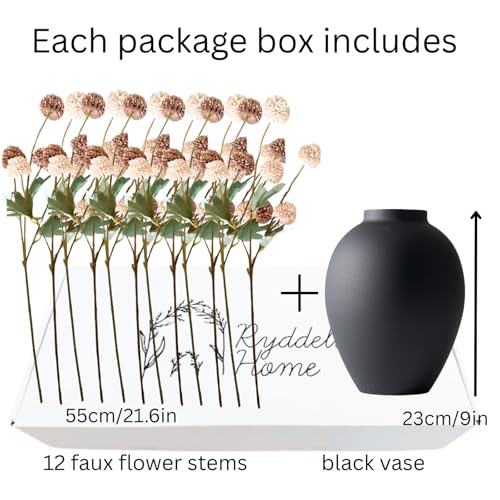 Artificial Flowers with Vase for Home Decor - Faux Mum Flower Arrangement Centerpiece, 12 Stems Beige and Brown Silk Flowers in Black Iron Vase for Dining Table Living Room Office Bedroom - size: Beige/Brown in vase