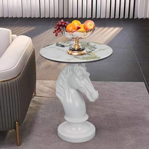 White Horse Side Table - End Table with Faux Marble Top Unique Horse Statue Decor for Living Room Bedroom Entryway Elegant Animal Sculpture Unique Horse Lover Gifts - color: White Horse Base