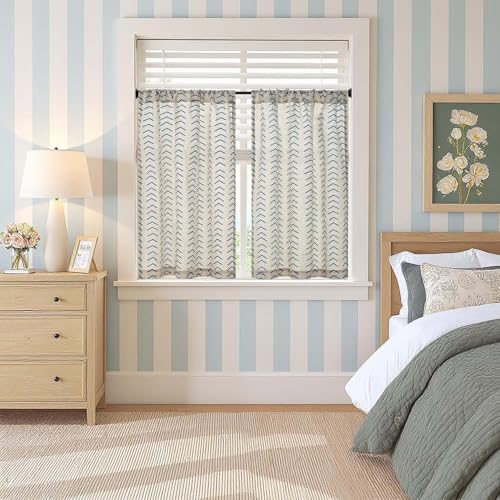 jinchan Boho Linen Blend Kitchen Curtains 36 Inch Length Herringbone Printed Tier Curtains for Small Windows Bathroom Cafe Laundry Room Set of 2 Rod Pocket Blue on Linen - color: Arrow | Blue on Linen, size: 26"W x 36"L (Pack of 2)