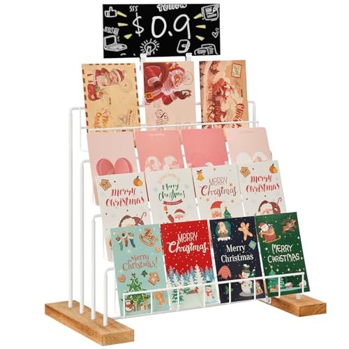 Greeting Card Display Stand, 4-Tier Greeting Card Organizer for Cards, Postcard, Photos, Brochure, Sticker, Trading Cards, Metal & Wooden Retail Display Rack for Vendors Counter Retail (White) - color: White