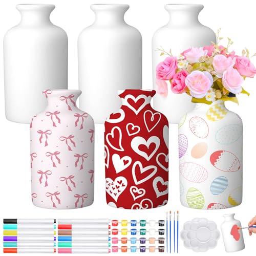 6 Set Mother's Day Ceramics to Paint DIY Your Own Ceramic Painting Kit for Crafts Vase to Paint Unpainted Plaster Paintable Kit Mother Art DIY Craft Supply with Brush Palette for Adult(Bright) - color: Bright