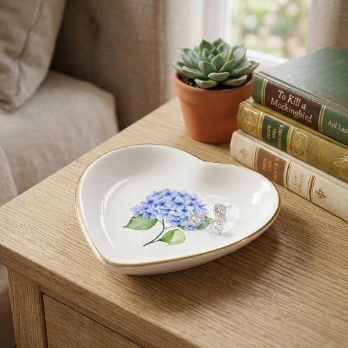 AnyDesign Hydrangea Flower Ring Dish Heart Shaped Ceramic Jewelry Tray Watercolor Blue Floral Trinket Dish for Spring Women Birthday Wedding Engagement Bridal Shower Party Supplies