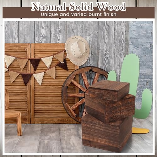 Barydat 6 Pcs Wood Display Risers Rustic Cupcake Stand Food Risers for Buffet Table Wooden Stackable Display Stand Box for Catering Dessert Collectibles Jewelry Figures Show(Burnt Wood Color)