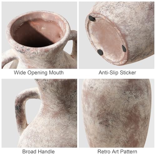 Ceramic Flower Vase with Handles,12" Neutral Tall Clay Terracotta Vases Farmhouse Table Vases with Handle Living Room Decor Rustic Pottery Pots for Home Shelf Coffee Dining Desk Fireplace - color: A-12"h-terracotta