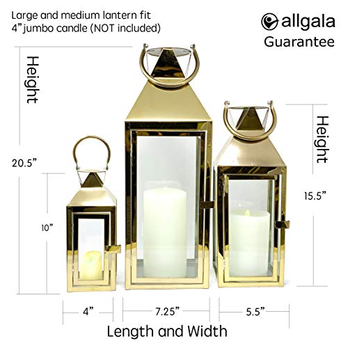 Allgala 3-PC Lantern Set 24 Inch Jumbo Deluxe Modern Indoor/Outdoor Candle Lantern Set Gold Stainless Steel Frame Tempered Glass Pyramid Top for Garden Poolside Fireplace Wedding - color: Pyramid Top Gold