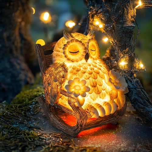 LIULO TOOL Light Up Owl on Chair Garden Sculpture, LED Solar Powered Owl Lying on The Chair, Cute Figurine Crafted Statue for Home Fireplace Outdoor Centerpiece Collection Decoration, 3x3x4 in - color: Owl Small