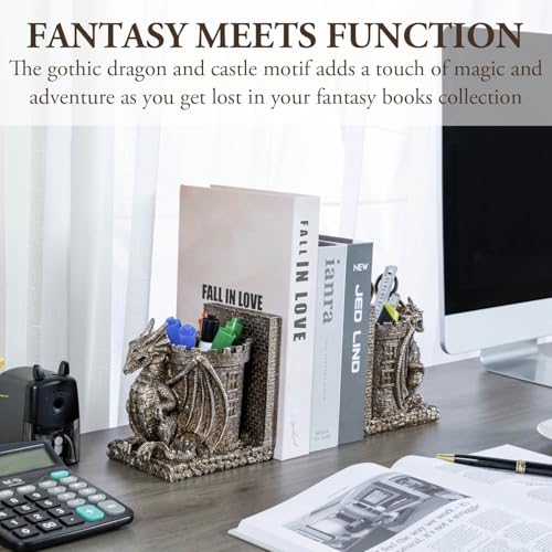 Bookends Dragon,Gothic Brown Resin Dragon Guarding Castle Pencil Cup Bookends, Office Desk Book Ends with Decorative Fantasy Dragons and Stone Tower Pen Holders, 1 Pair - color: Brown