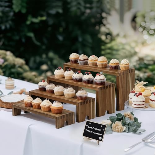 HBlife 2 Set Widened Acacia Wood Display Risers for Vendor Events, Stackable Modular Cupcake Stand Buffet Risers, Dessert Table Display Set, Tiered Display Shelves for Perfume/Figures/Collectibles