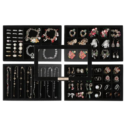 Frebeauty Stackable Jewelry Trays, Velvet Drawer Jewelry Organizer with Glass Lid,5 in 1 Multi-Functional Jewelry Storage for Earrings Necklaces Rings, 10.5 x 6.5 x 5.55 Inches Gift for Women(Black) - color: Black, size: Set5-A