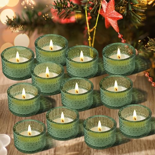 JOYIT Green Votive Candle Holders Bulk Set of 12, Tealight Candle Holder for Wedding Table Centerpiece, Glass Small Candle Holders for Birthday Party, Valentine's Day, Home Decor (2''X 1.4'') - color: Embossed_green