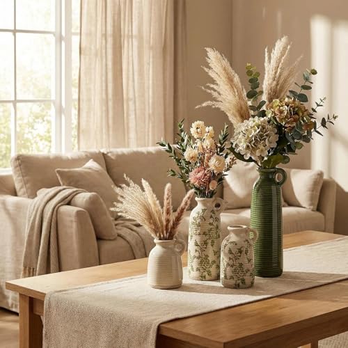 Ceramic Vases Set of 3, Farmhouse Country Flower Vase Home Decor,Living Room Kitchen Bathroom Decoration, Table Centerpieces, Shelf and Entrance Decorations-Multicolor. - color: Green Flower