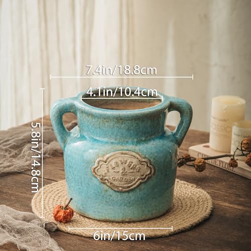 Blue Rustic Ceramic Vase, 5.8 Inch Distressed Wide Mouth Vase with Ice Cracked Glazed, Farmhouse Vintage Flower Vases for Home Office Decor Living Room Bedroom Table Centerpiece Decorations - color: Blue