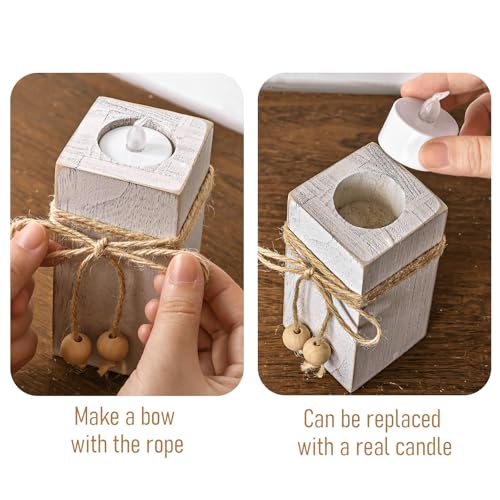 MelonBoat Rustic Flameless LED Candles 3-Pack, Battery Operated Candles with Wooden Candle Holders, White Rustic Farmhouse Decor, Farmhouse Candle Holder for Valentines Holiday Party Home Decor