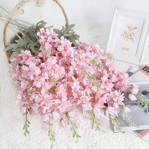 8PCS Pink Delphinium Artificial Flowers 33.5in Long Stem Larkspur Fake Silk Flowers for Tall Vase Faux Flowers for Home Wedding Baby Shower Floral Arrangement Centerpiece Table Decoration (Pink) - color: Pink