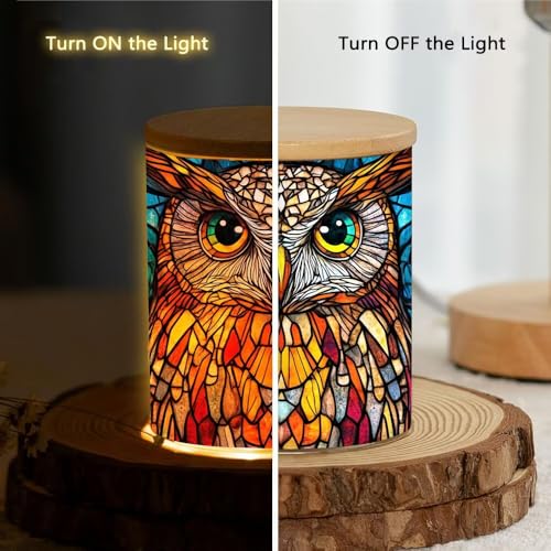 Owl Stained Glass Candle Jar Tea Light Holder, Battery Operated Tealight Candle Holders Flickering Tea Light, Vintage Glass Candlesticks Tea Light Jar Inspiration Trinket Jar Makeup Tube - color: Owl