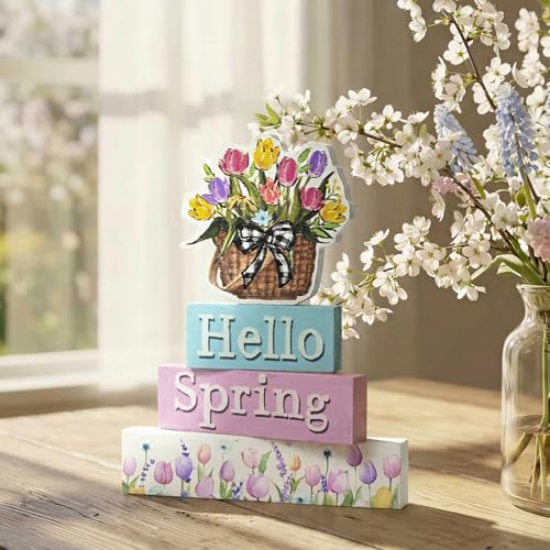 Smile Spring Wooden Indoor Decoration, Hello Spring, Floral Basket Wood Signs, Rustic Farmhouse Flowers Home Table Decor, Retro Centerpiece for Tiered Tray - style: Floral
