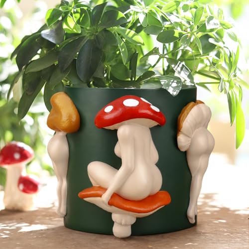 GUGUGO Mushroom Lady Body Plant Pots, Quirky Unique Cute Planters and Boho Funky Eclectic Home Decor, Mushroom Butt Flower Pots, Indoor Succulent Planter, Modern Aesthetic for Decorating, Dark Green - color: Dark Green, size: 5Inch