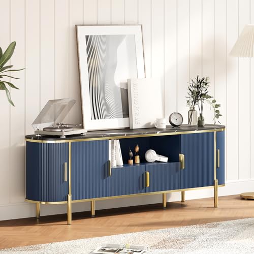 Luxury 70 in Fluted TV Stand with Faux Marble Top, Entertainment Center for TVs Up to 80 in, Wood Media Console with Curved Profile Sliding Doors and Adjustable Shelves for Living Room- Navy Blue - color: Navy Blue