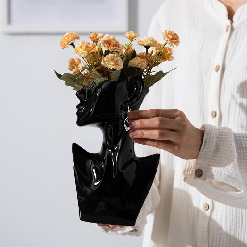Face Vases with Earrings - Black Ceramic Art Vase, H 9.2 Inch, Glossy Finish, Female Modern Cool Vase for Flowers, Office Dining Table Home Ornaments - color: Black