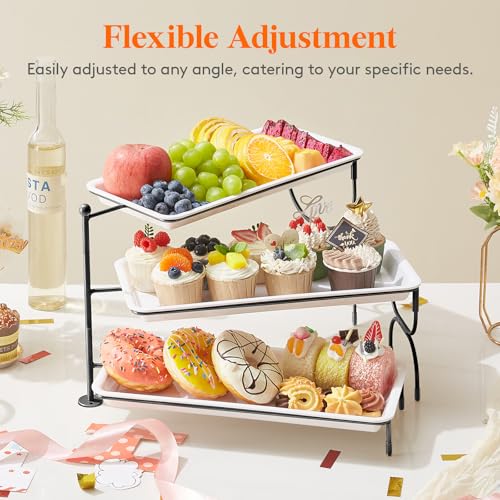 Lifewit 3 Tier Serving Tray, 36 x 17 cm/14 x 6.5" White Plastic Tiered Food Serving Platters, Rotating Tiered Tray Stand for Party with Black Collapsible Metal Stand, Dessert Table Stands for Cookies - size: 14" x 6.5", style: Rotatable