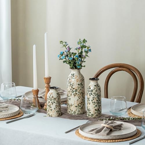 Ceramic Vases Set of 3, Rustic Farmhouse Vases Home Decor, Vintage Chinoiserie Ceramic Floral Vases Decor for Shelves, Ocean Beach Style, Mantle, Fireplace, Coffee Table, Shelf Decorations - color: 05-green and Beige-set of 3