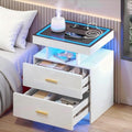 LED Nightstand with Wireless Charging Station - Modern Night Stand with Lights, Glass Top Bedside Table with Drawers for Bedroom, Glossy End Table with Human Body Induction (White) - color: White 2 Drawers-glass Top