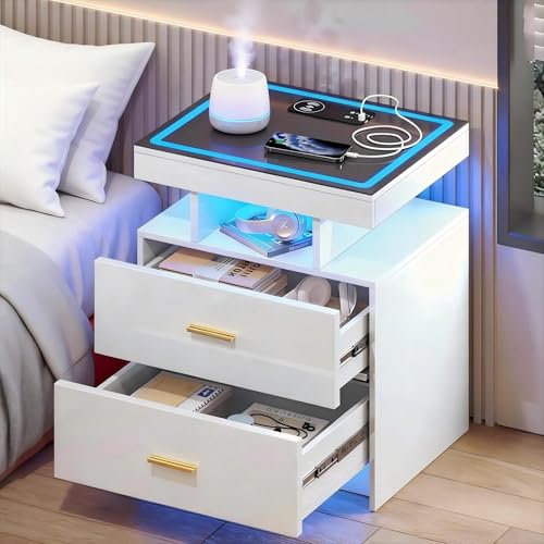 LED Nightstand with Wireless Charging Station - Modern Night Stand with Lights, Glass Top Bedside Table with Drawers for Bedroom, Glossy End Table with Human Body Induction (White) - color: White 2 Drawers-glass Top