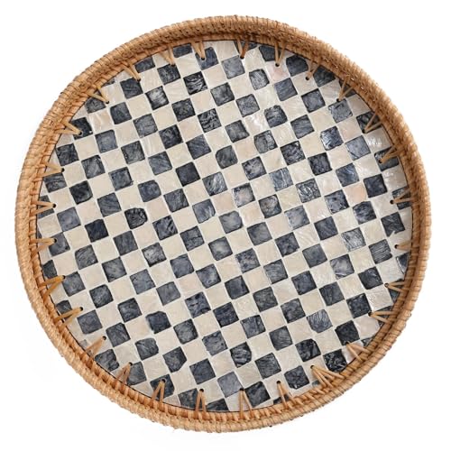 Round Rattan Tray with Mother of Pearl Inlay, Rattan Serving Tray for Coffee, Bread, Fruits, Decorative Wicker Tray for Table Decor, Home Decor, Kitchen Island Decor(Black Checkerboard, 11.8")