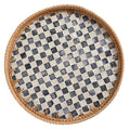 Round Rattan Tray with Mother of Pearl Inlay, Rattan Serving Tray for Coffee, Bread, Fruits, Decorative Wicker Tray for Table Decor, Home Decor, Kitchen Island Decor(Black Checkerboard, 11.8")