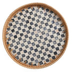 Round Rattan Tray with Mother of Pearl Inlay, Rattan Serving Tray for Coffee, Bread, Fruits, Decorative Wicker Tray for Table Decor, Home Decor, Kitchen Island Decor(Black Checkerboard, 11.8")